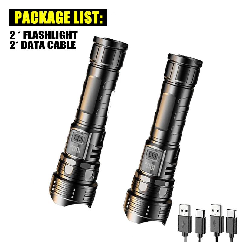 LED Flashlight Super Bright Rechargeable Portable Ultra Power Torch Lamp Retractable Digital Zoom Hand Light For Camping