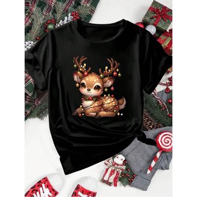 Cute Christmas Elk Printing Women T Shirt Cartoon Casual Short Sleeve O-Neck Women Red Tshirt Ladies Y2k T-shirt Female