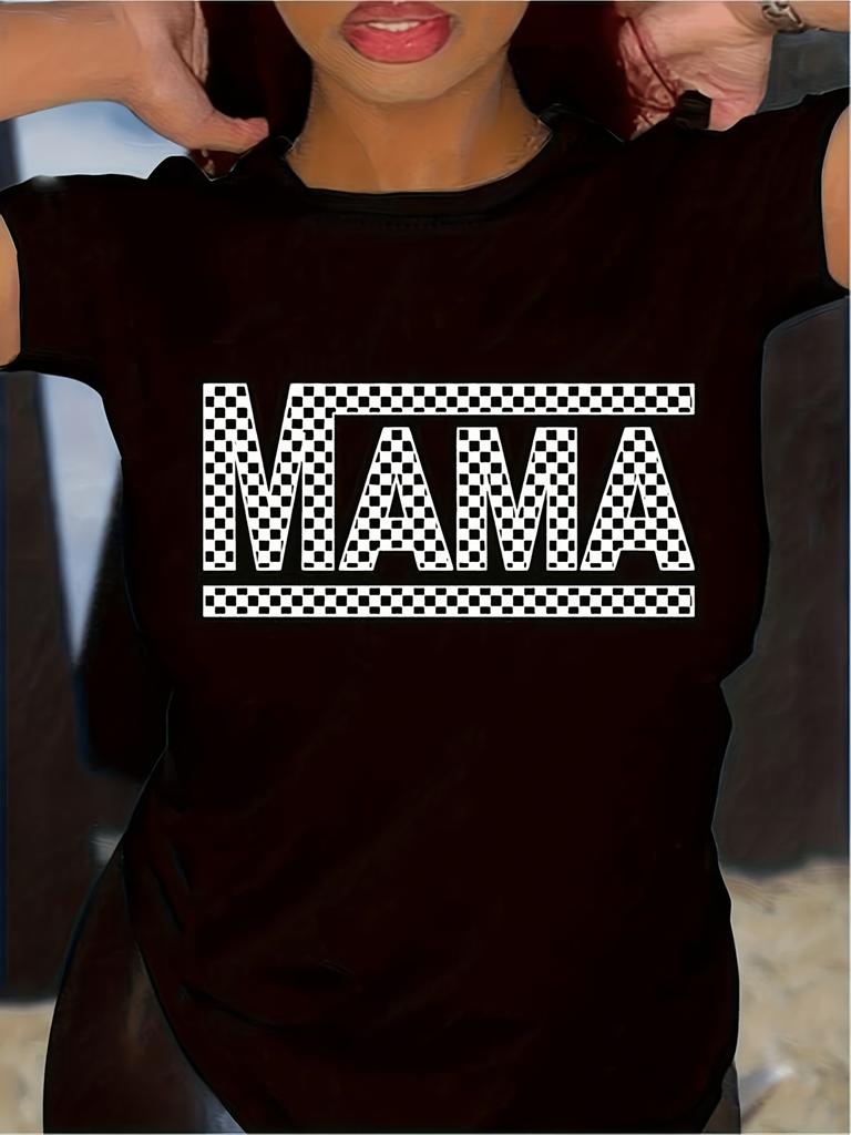Black Mama Pattern T Shirt Soft And Breathable Eye Catching White Plaid Letter MAMA Print Loose Short Sleeve Round Neck Casual Style Valentine's Day C