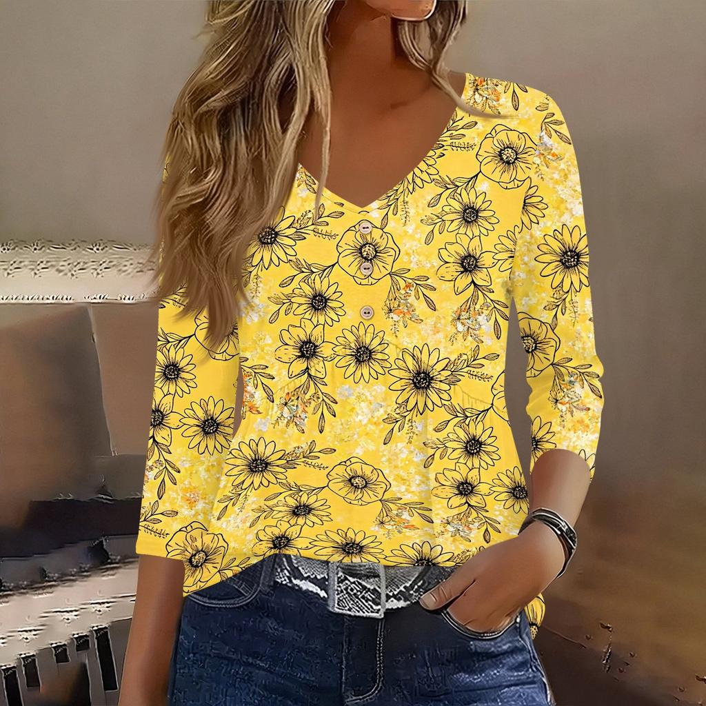 Womens 3/4 Sleeve V Neck Button Detail Floral Print Tunic Top Lightweight Casual Shirt