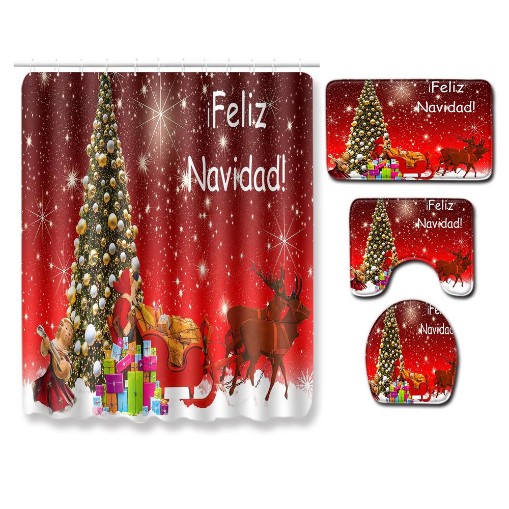 Christmas Bathroom Non-Slip Doormat Bathroom Waterproof Shower Curtain Toilet Floor Mat Four-Piece Shower Room Absorbent Carpet