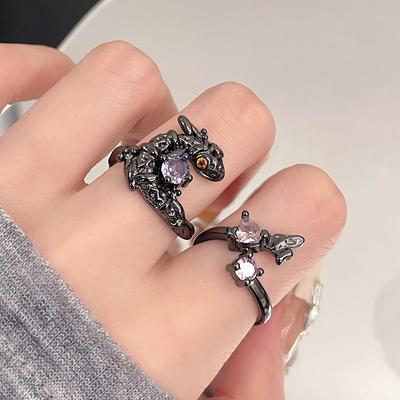 Personalisierter Mode Offener Ring Set Retro Dunkel Kleines Tier Eidechse Kreative Liebe Zirkon Weiblich Nischendesign