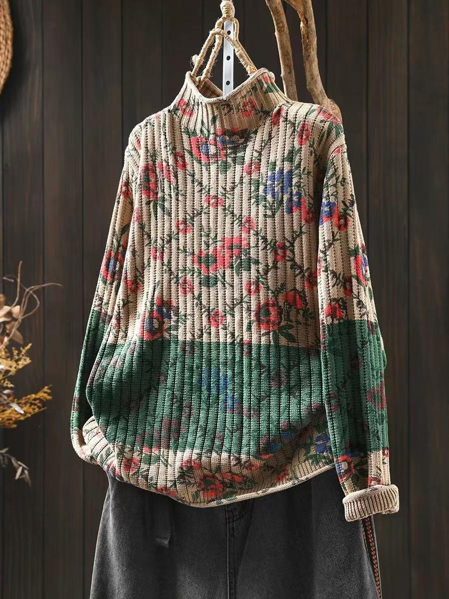 

Johnature Модный принт с воротником-стойкой Ретро свитер Женский зимний китайский стиль Свободный винтажный повседневный свитер One Size хаки