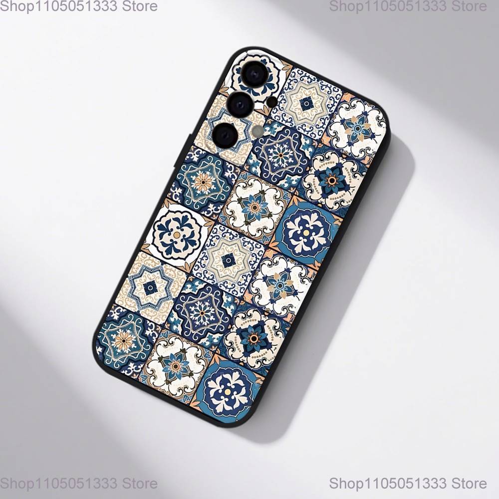 M-Moroccan Tile Phone Case For Samsung S25,S24,S21,S22,S23,S30,Ultra,S20,Plus,Fe,Lite,5G Black Cover