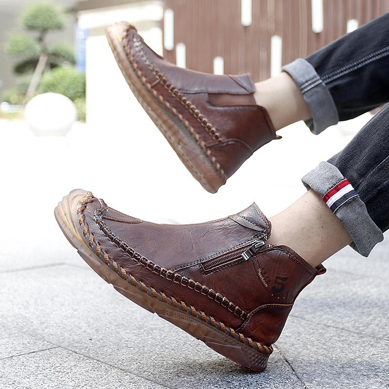 TUINANLE Hand-stitching Leather Men Boots Casual Leather Shoes Men Ankle Boots Zipper Shoes
