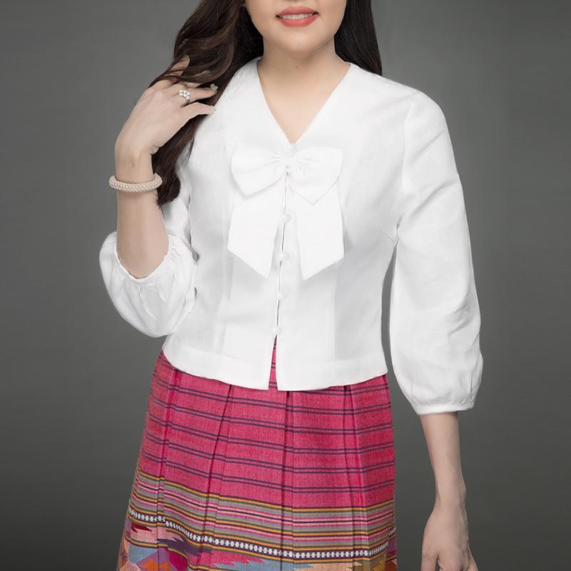 

ZANZEA Women Casual Bows V-Neck Summer 3/4 Sleeve Blouse S білий