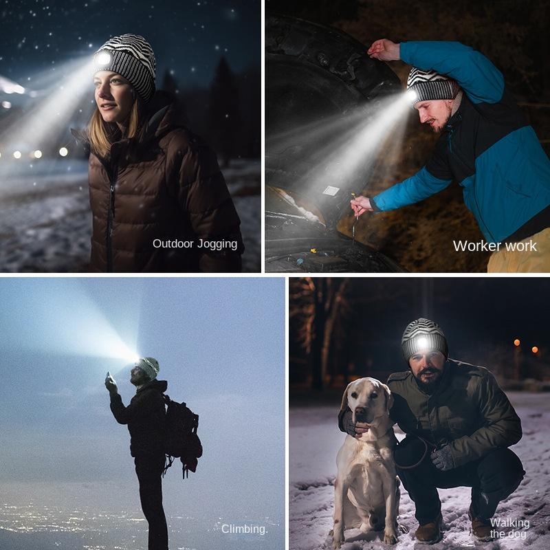 Light-Emitting Windproof Thermal LED Knit Hat with Rechargeable Detachable Three-Color Night-Vision LED Cap