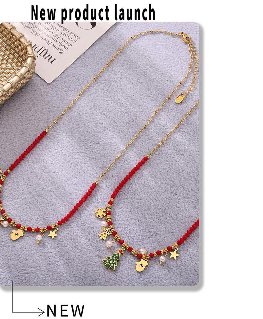 Ferris Wheel Enamel Christmas Zircon Tree Pendant Necklace - European & American Light Luxury Stainless Steel Jewelry