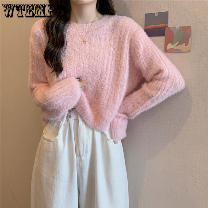 Y2K Cropped Sweater Pink Furry Solid Korean Fashion Pullover Knitted Sweaters Autumn Winter Long Sleeve Harajuku Jumper Sweater