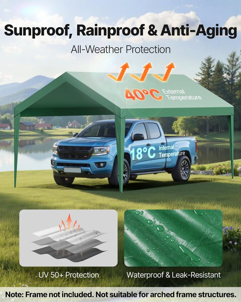 Carport Replacement Canopy, 3 x 6 m Potable Garage Tent Top Tarp, UV-Resistant & Waterproof Car Shelter Tarp, Heavy Duty Car Port Cover with Ball