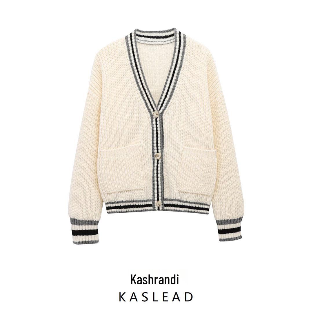 

2024 Winter Women s V-Neck Long Sleeve Knitted Cardigan in European & American Fashion Style S