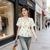 Summer short Spice Girl square collar coffee break light color new flared sleeves thin pullover French casual short-sleeved top women
