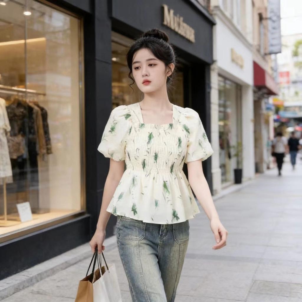 Summer short Spice Girl square collar coffee break light color new flared sleeves thin pullover French casual short-sleeved top women