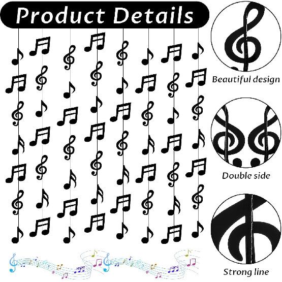 8PCS Music Notes Party Decorations, Black Musical Note Hanging Swirl, Music Theme Party Supplies, Musical Notes Garland for Concerts, Music-Theme