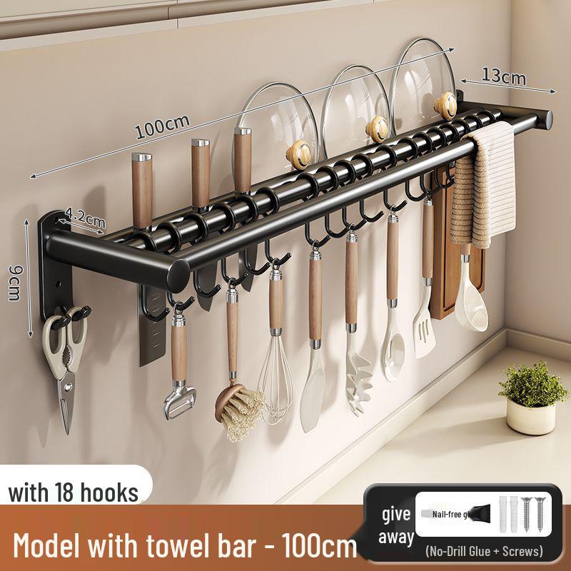 Stainless Steel Wall-Mounted Kitchen Hook & Pot Lid Rack with Knife Holder.