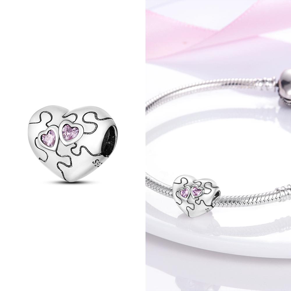 Original Copper Pink Family Love Heart Charm Beads Fit Pan Bracelet Diy Sister Mother Friendship Pendant Fine Gift Jewelry