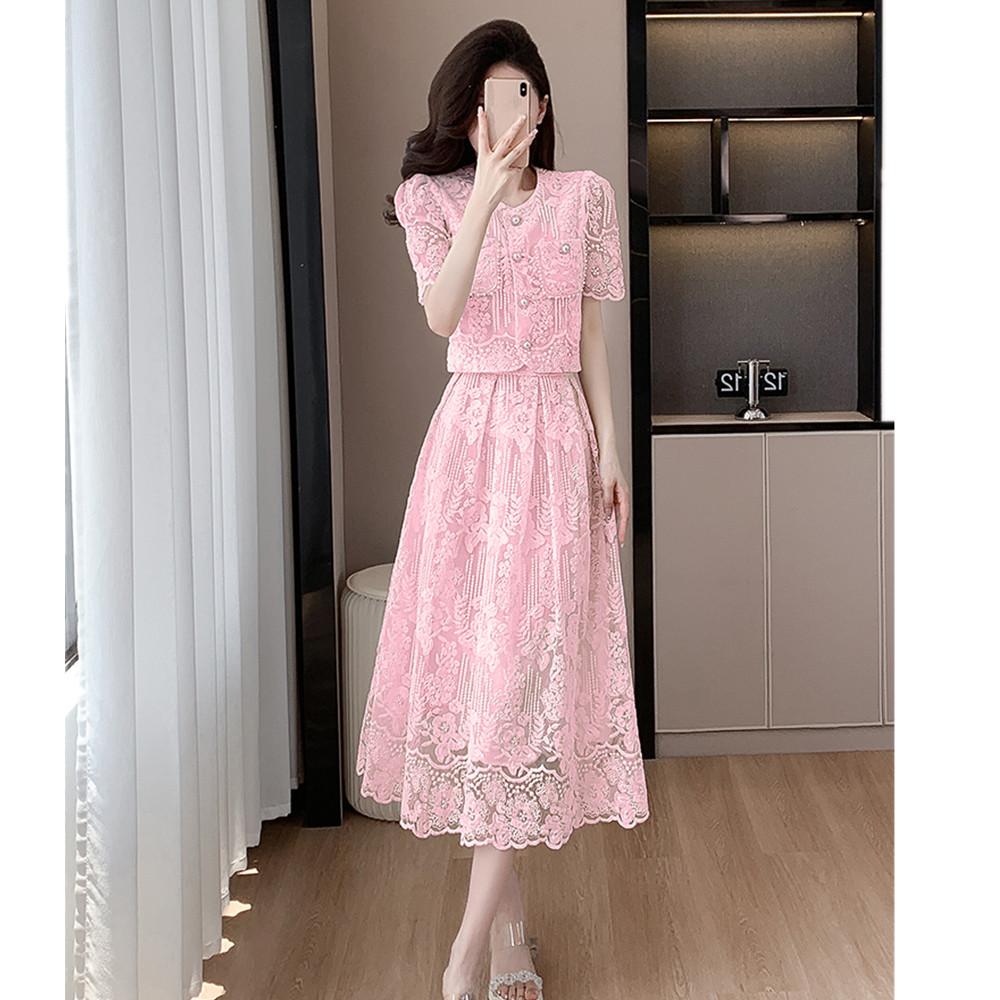 Elegante Damen Sommer Spitzenanzüge Süße einfarbige Blumenstickerei Hemd Tops Zweiteiliges Set Midi-Länge Rock Damen Outfits