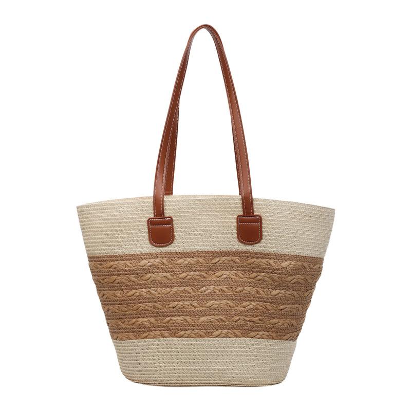 Handwoven Straw Tote Bag with Leather Handles Woven Pattern Summer Beach Bag Casual Everyday Use