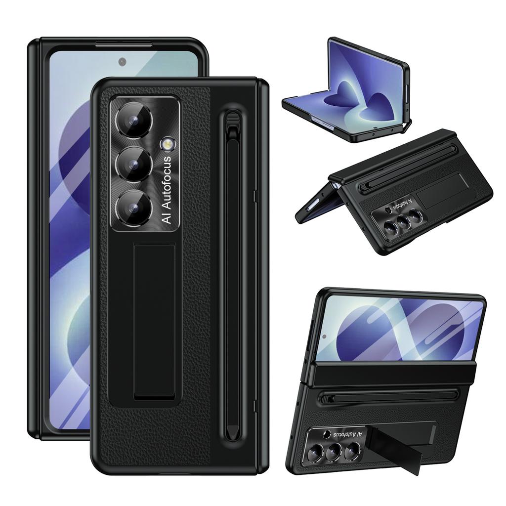 PU Leather Glass Film Pen Slot with Pen Phone Case for Samsung Galaxy Z Fold 8 6 5 4 3 Fold6 Fold8 Ultra Hinge Protection Cover