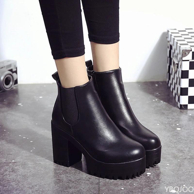 Fashion New round toe Women's Boots Black Fashion High Heels Side zip thick heel boots Comfort casual ladies shoes Botas Homme Zapatos