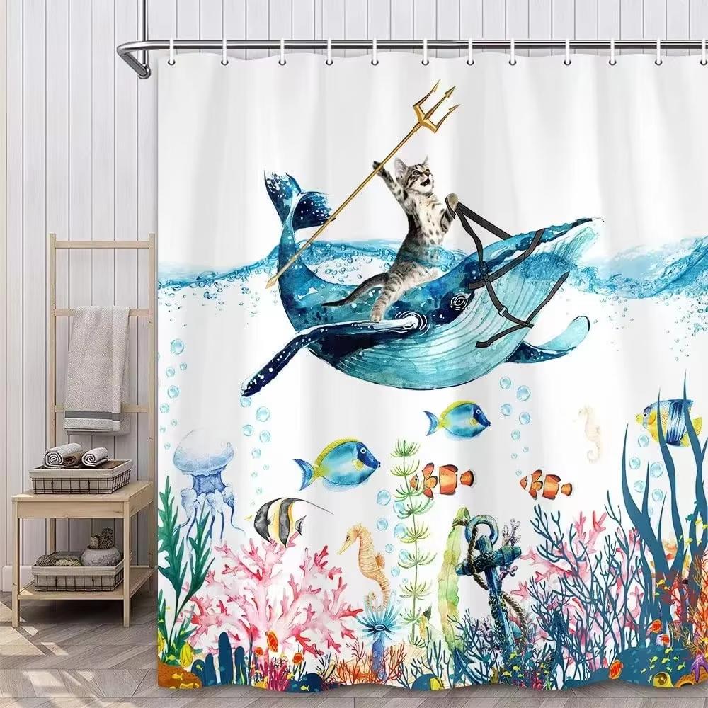 

Vikama Fun Cat Shark Knight Surf Shower Curtain Waterproof Shower Curtain Bathroom Blackout Curtain Bathroom Decor W60H190(CM)-1 Pcs