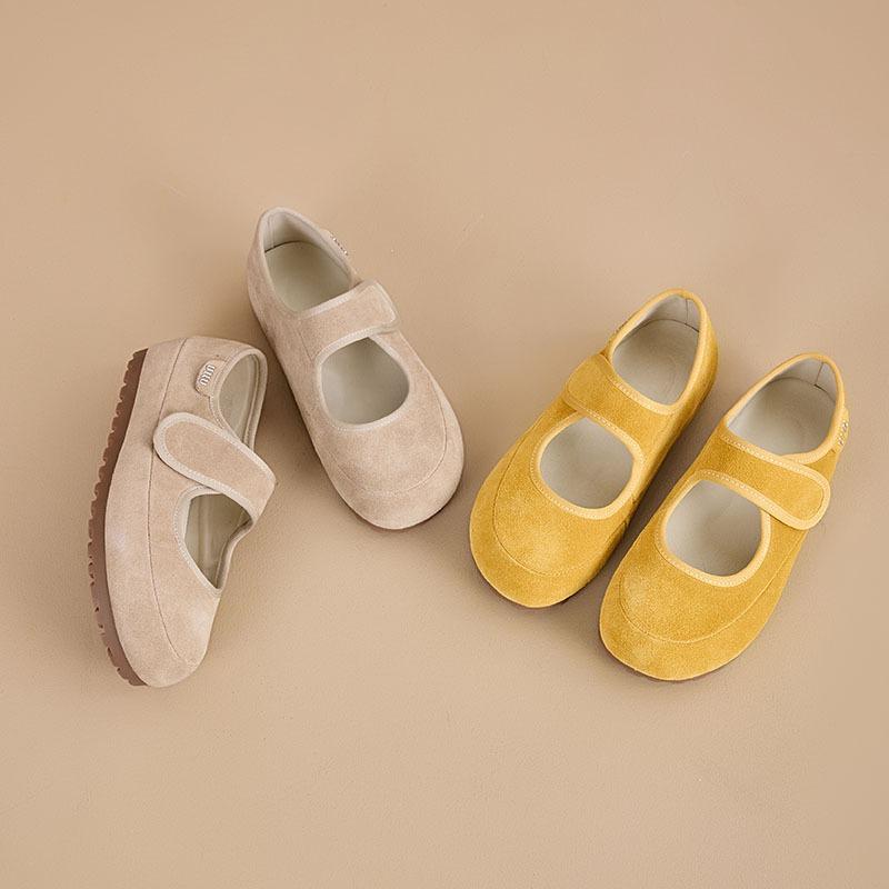 Mary Jane women's shoes spring new comfortable matte leather leather cute Velcro light mouth yellow shoes