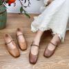 Johnature Genuine Leather Retro Women Shoes Handmade Round Toe Buckle Low Heel Comfortable Pumps