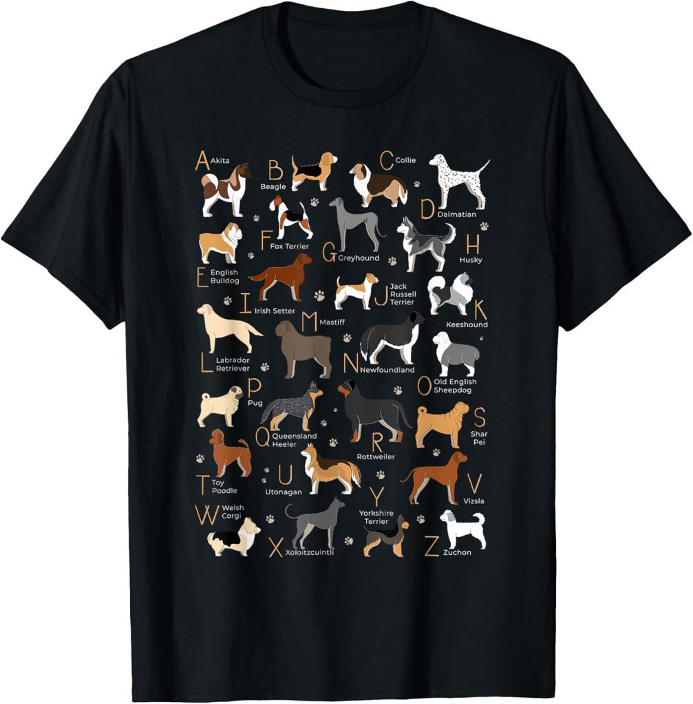 ABC Dog Breeds Identification AZ Types of Dogs Canine TShirt 100 Cotton ONeck Short Sleeve Summer Casual Mens Tshirt