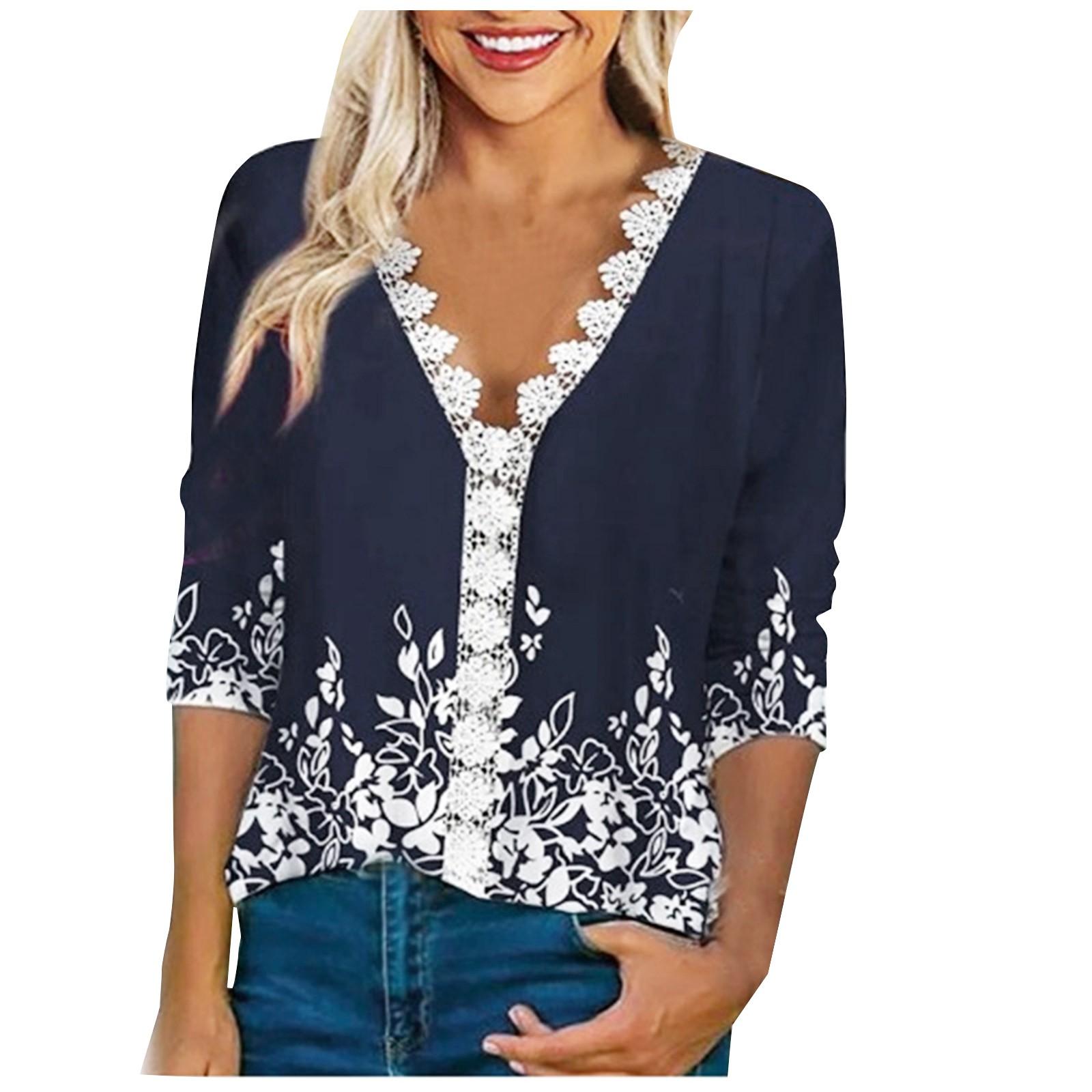 

(SU)Женская повседневная удобная свободная футболка с кружевным принтом и длинным рукавом, топ с V-образным вырезом