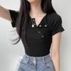 Unregelmäßiges T-Shirt Damen Frühling Kurzarm Schwarz Crop Top Vintage Einfarbig All Match Slim Fit