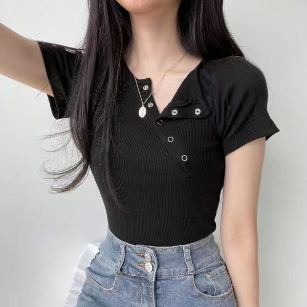 Unregelmäßiges T-Shirt Damen Frühling Kurzarm Schwarz Crop Top Vintage Einfarbig All Match Slim Fit