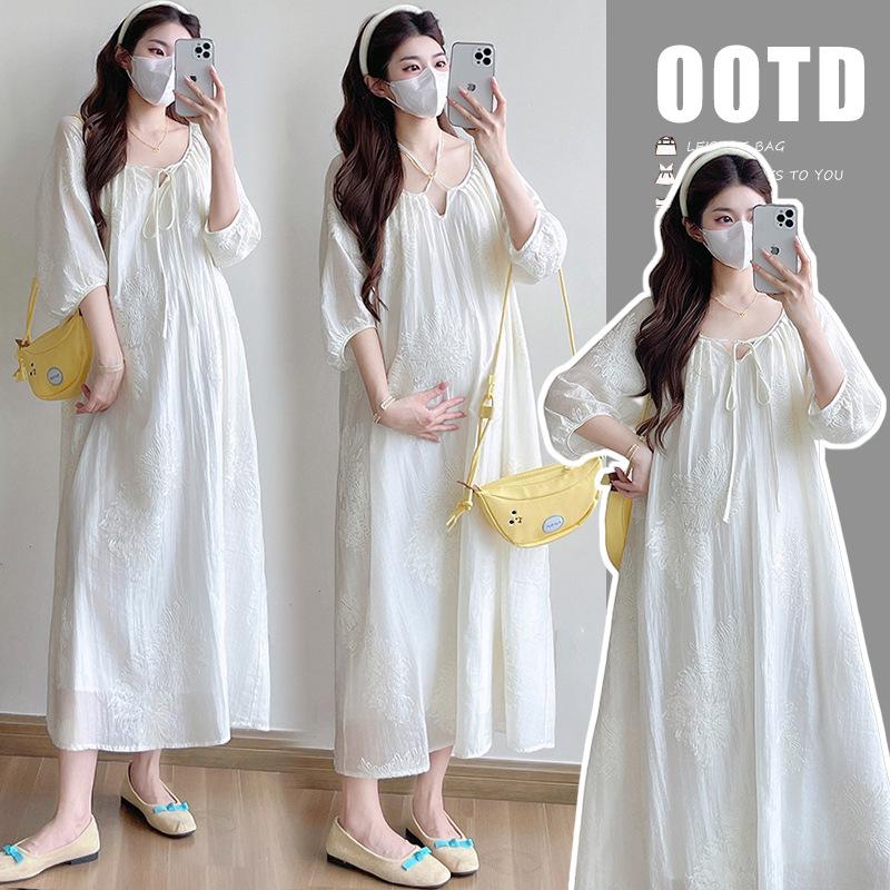 Maternity Lace Embroidered Mesh Long Dress - Summer High-End Style M