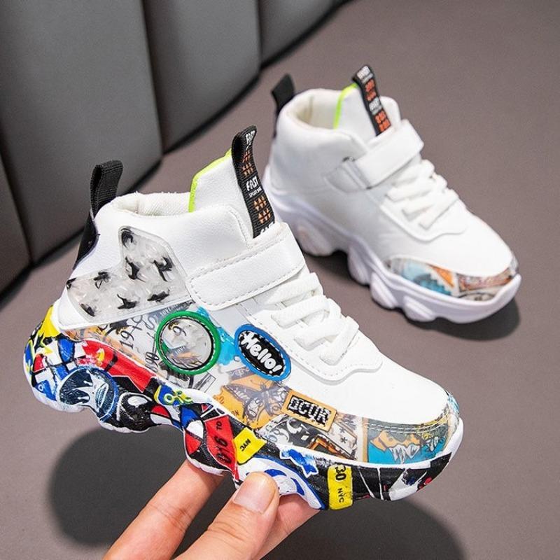 Toddler Graffiti Print Magic Tape Thick Sole High Top Casual Sport Sneakers 26 белый