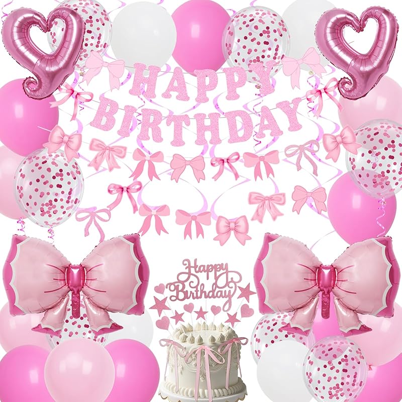 Blue Bow Birthday Decorations, Happy Birthday Banner Garland and Hanging Swirls, 28Pcs Balloons, Cake Toppers, Bow Themed Party Decorations for Girls