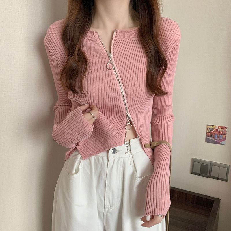 2025 Spring & Fall Women's Slim Fit Zipper Cardigan - Long Sleeve, Irregular Knit Top