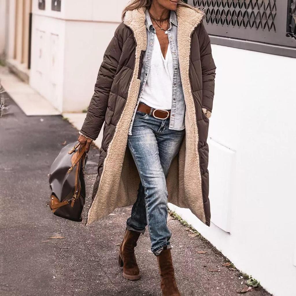 Women's Solid Color Hooded Cotton Coat, Long Sleeve, Slim Fit, Double-Sided Wear Cardigan Jacket