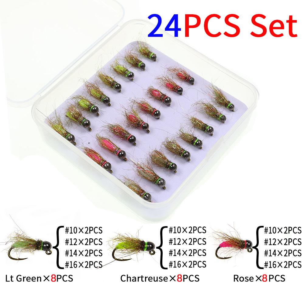 

Набор 24 шт. Крючок с бородкой Джиг 4 размера Головка из вольфрамовой бусины Евро Нимфа Быстро тонущая Мокрая мушка Бас Форель Лосось Рыболовная приманка