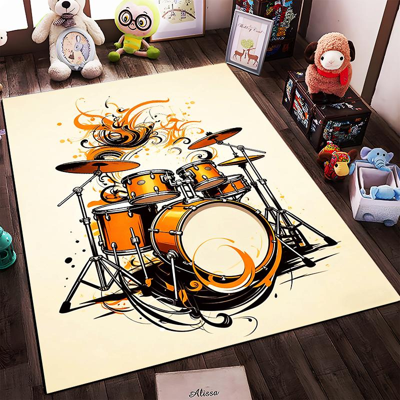 Stylish Drum Set Design Carpet with Orange and Black Patterns, Music Decor Suitable for use as an anti-slip for living room bedroom sofas