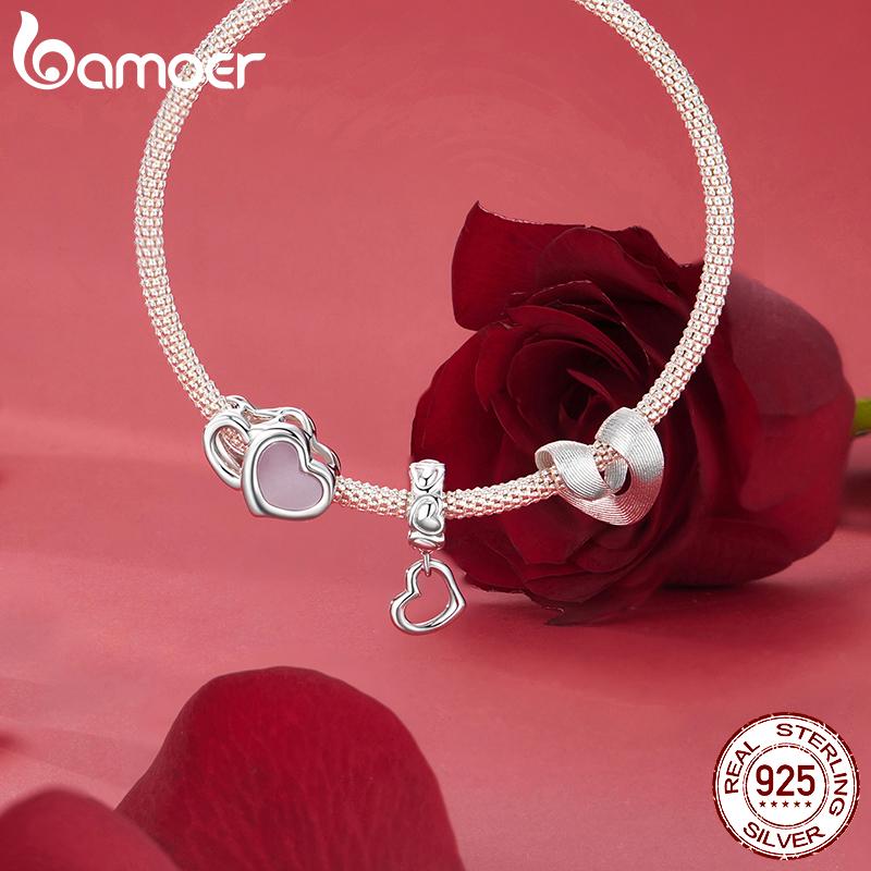 AMOER Solid 925 Srebro Sterling Różowe Serce Charm Koralik pasuje Oryginalna Bransoletka i Naszyjniki Biżuteria Bamoer Infinity Love Charm