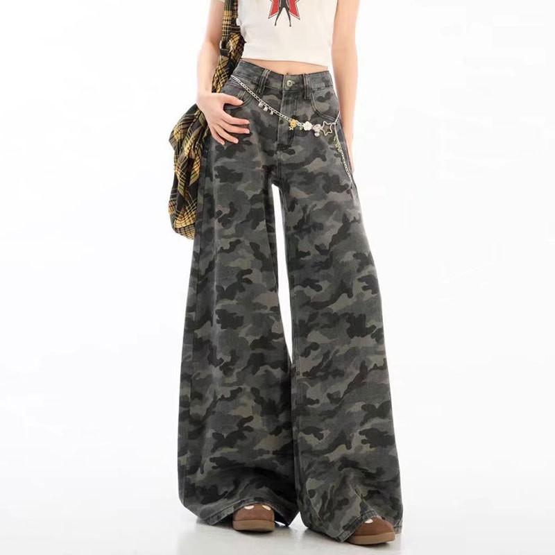 High-Waisted Wide Leg Camo Denim Pants Women Oversized Straight Fit Loose Trousers 2025