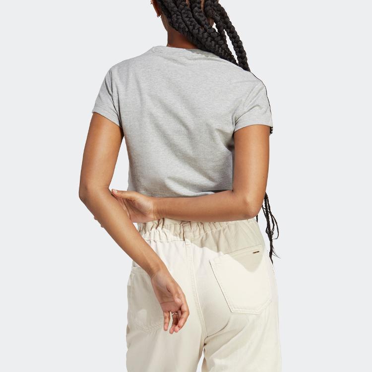 Adidas Chenille Flower Patches Logo Striped Print Crew Neck Short Sleeve T-Shirt Women Tops Medium-Hemp-Gray IC0027