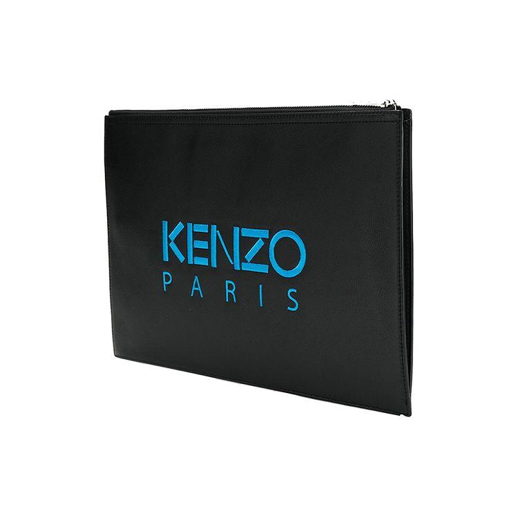 Kenzo Classic Tiger Head Embroidery Color Block Zip Closure Leather Clutch Men Clutch Black F965PM322L49-99B