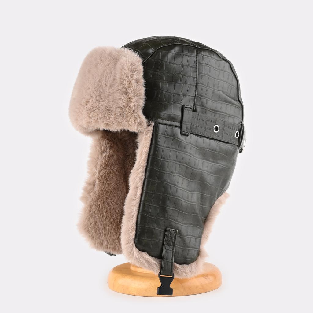 Leder-Pilotenmütze für Herren und Damen, verdickte warme Wintermütze zum Radfahren mit Ohrenschutz, Lederverschluss, Lokomotiv-Kälteschutzmütze, feuchtigkeitsabweisend