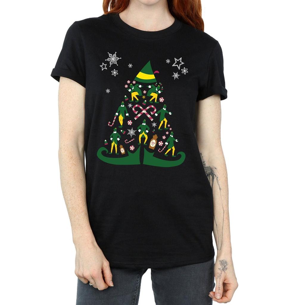 Elf T-shirt da Donna/Ragazza in Cotone Albero di Natale Stile Boyfriend