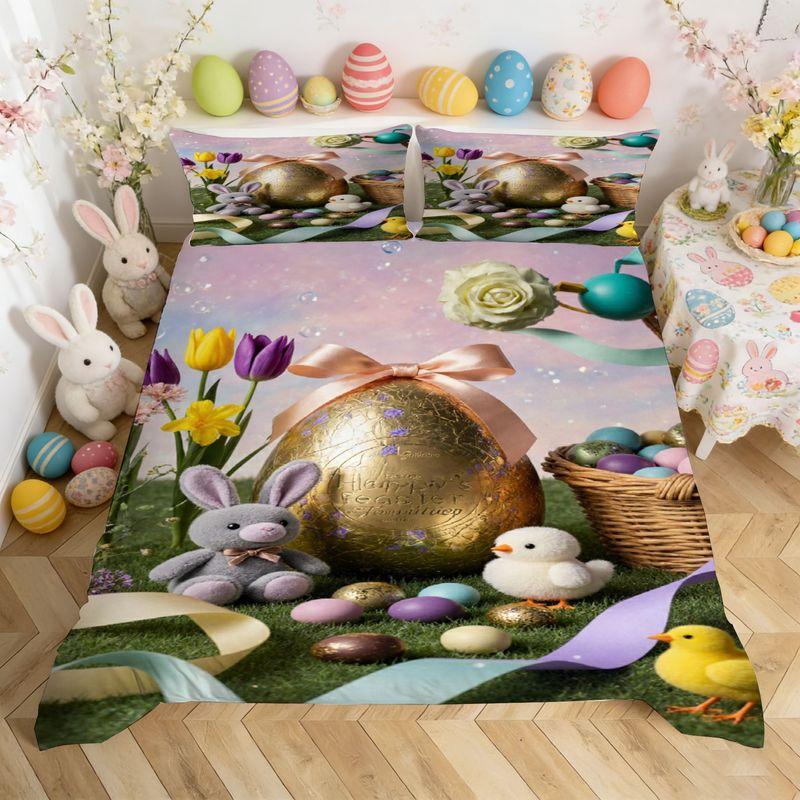 Bedding Pillowcase Quilt Cover 3-Piece Set Rabbit Chicken Colorful Egg Floral Pattern, Easter Home Decoration