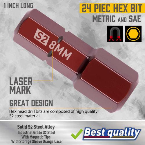 Amartisan Hex Head Allen Wrench Drill Bit Set, Metric and SAE S2 Steel Hex Bit Set, 1 Inch Long