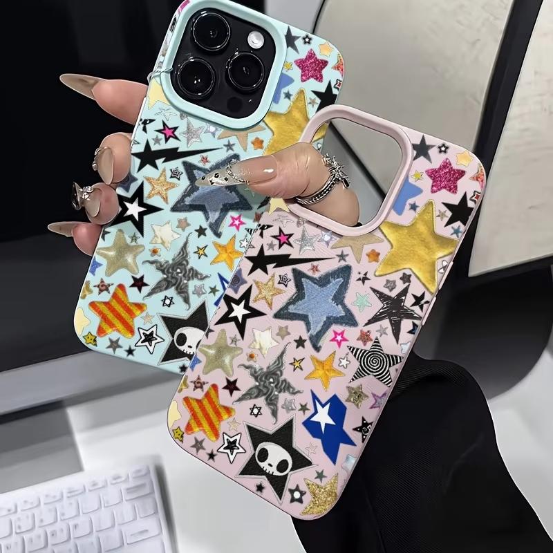 Stylish And Colorful Star-Pattern Phone Case For iPhone 17 Pro Max 16 Plus 15 Pro 14 13 12 11 XR 17Air Lychee Textur Soft Cover