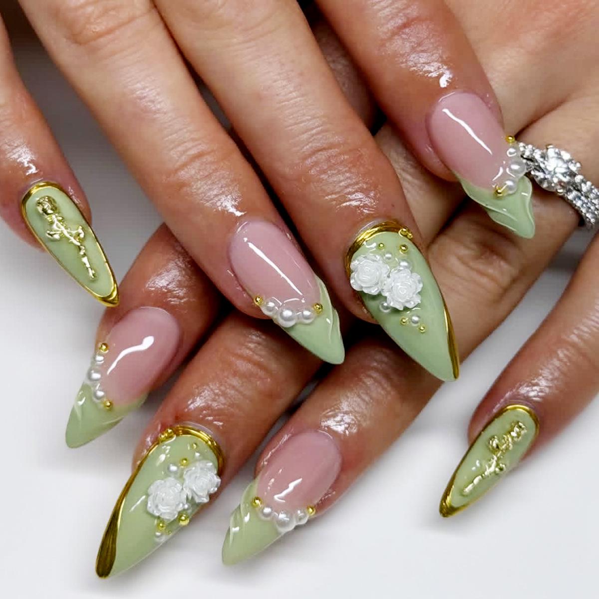

Almond Shape Fresh Green French Tip Nails with 3D Camellia and Metal Rose Accents