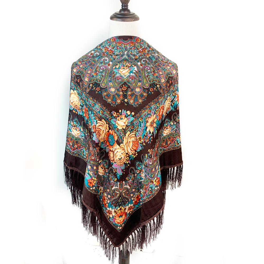 130*130cm Russian National Square Scarf Women Luxury Floral Print Fringed Ukrainian Shawl Babushka Handkerchief Head Wraps