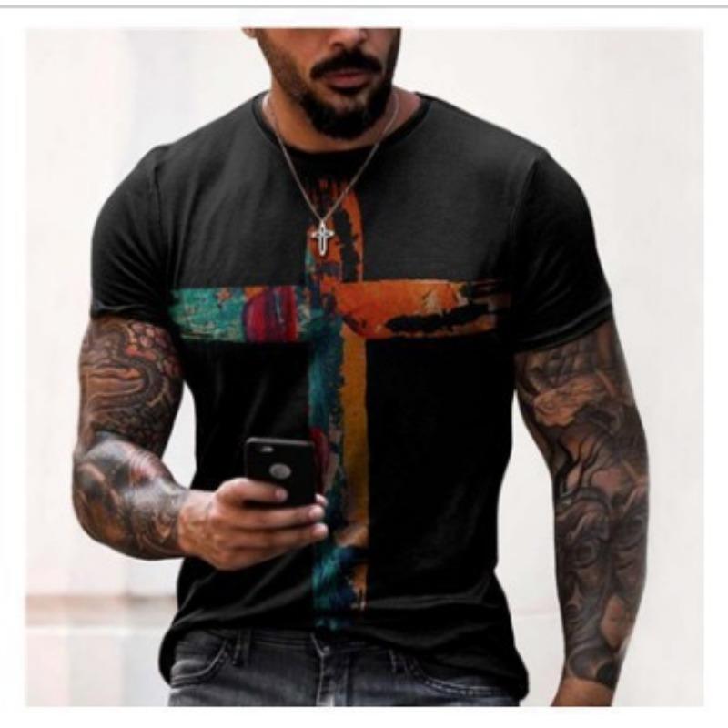 Men's T-shirt with Cross Print Round Neck Short Sleeved Street Fashion T-shirt